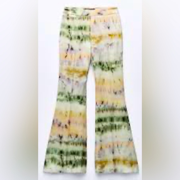 ZARA Sz L Tie Dye Trousers Flare Satin Slinky Flowy Hippie Festival Vibes NEW - Picture 1 of 11